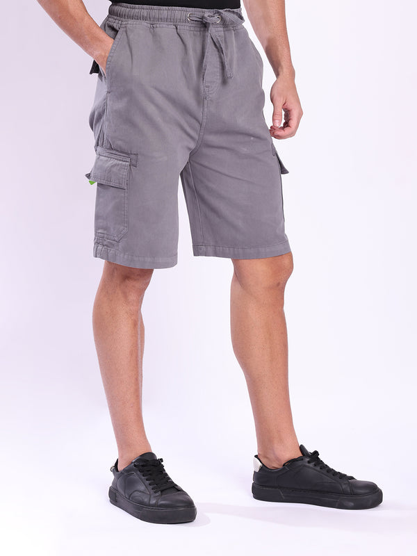 Men Grey Baggy Fit Cargo Shorts with Tape Detail