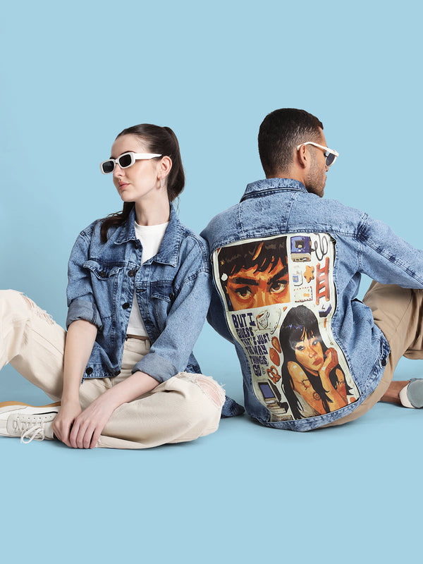 Men Cotton Denim Jacket with Swappable Back Graphics panel