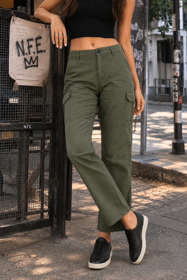 Women Pure Cotton Mid-Rise Slim Cargos Jeans