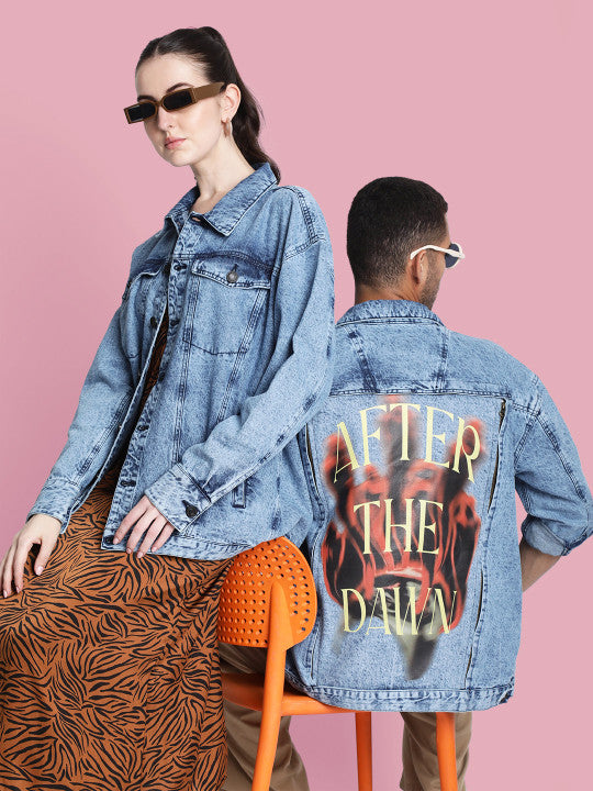 Unisex Mood Switch Oversized Denim Jacket with Swappable Graphic Patch
