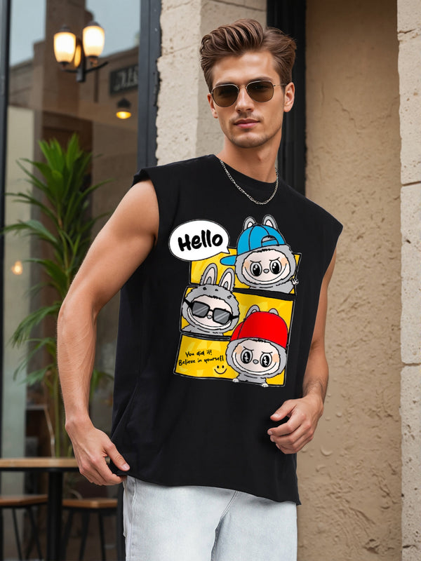 Men Black Sleeveless Graphic Oversized T Shirt