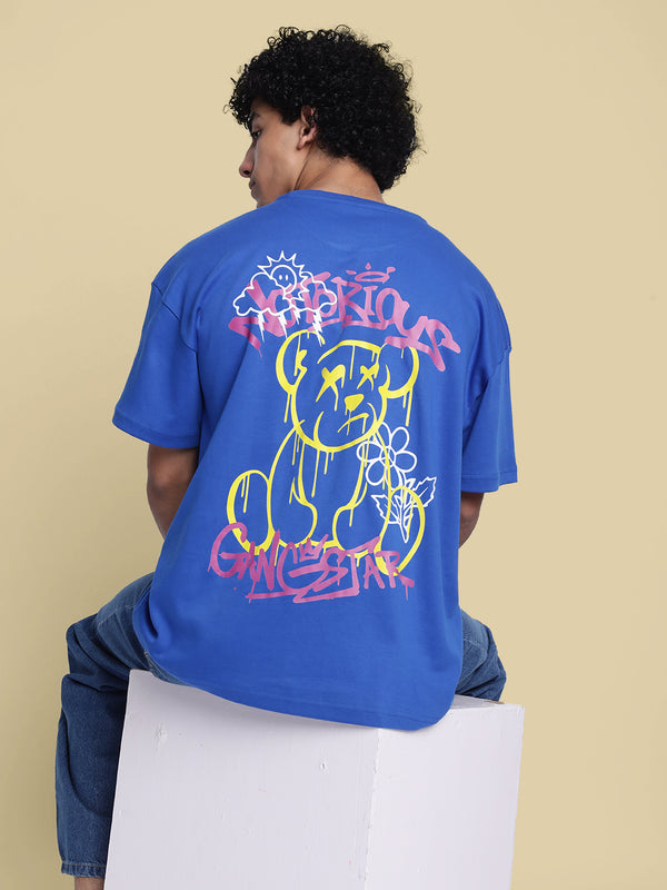 Men Blue Graphic Print Oversize T Shirt