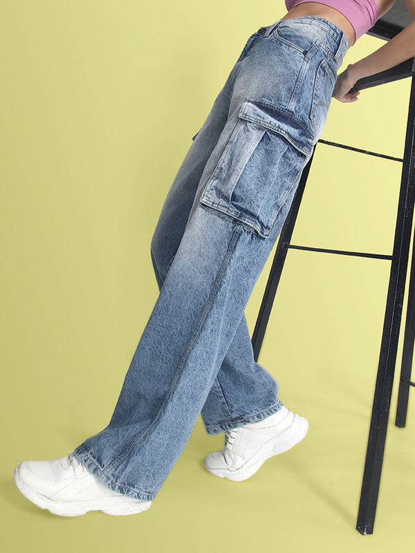 Womenâ€™s Relaxed Fit Denim Cargo Jeans with Hem Detailing
