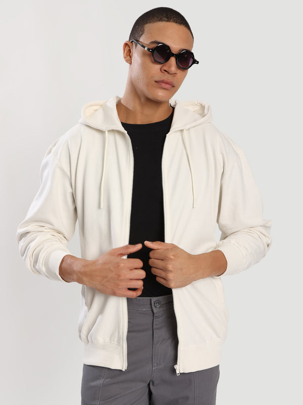 Men Relaxed off white brushed fabric front zipper hoodie