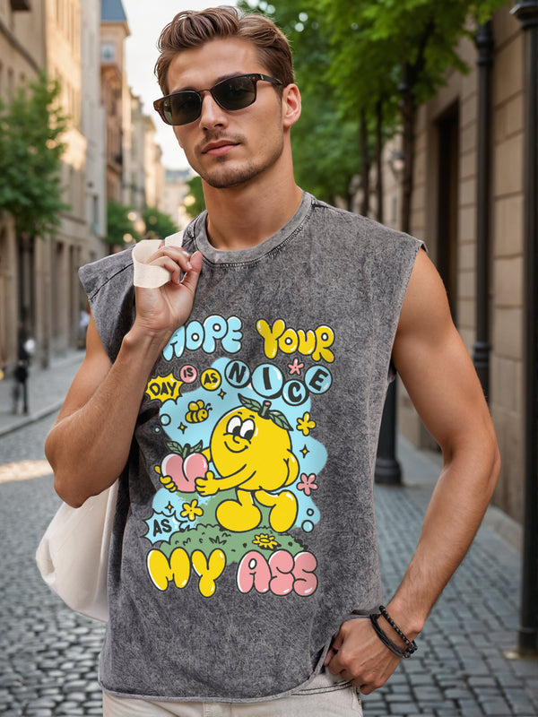 Men Grey Acid Wash Sleeveless Graphic Oversize T Shirt