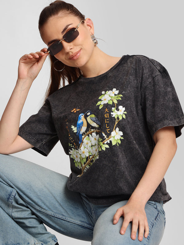 Women Mustard Oversize Floral Graphic Printed T-Shirt