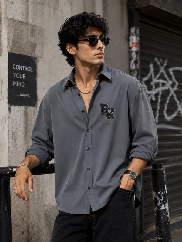 Men Grey Oversize Badge Shirt