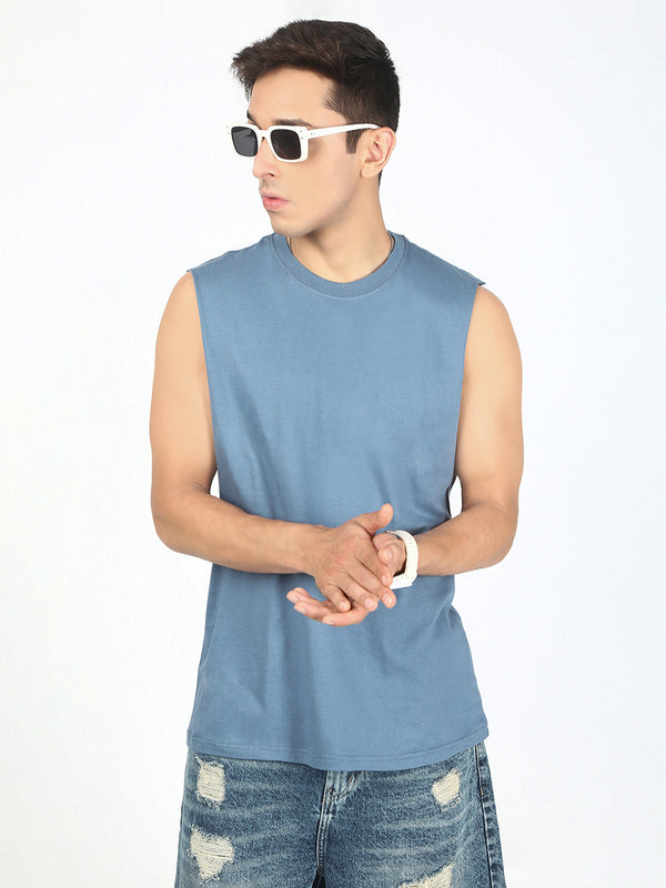 Men Blue Solid Sleeveless T-Shirt