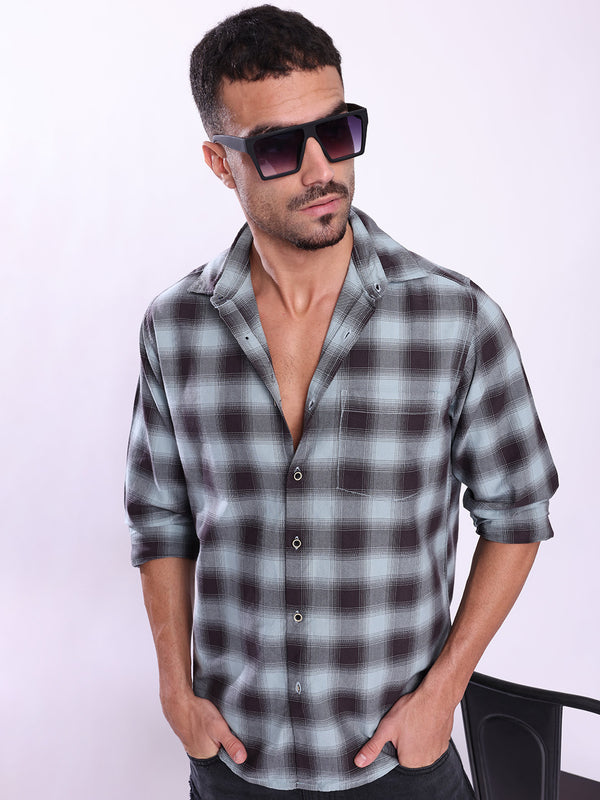 Men Blue and Black Checked Single Pocket Shirt