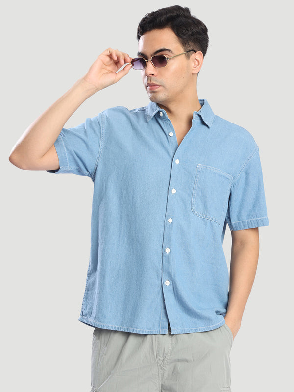 Mens contrast stitch denim shirt half sleeve