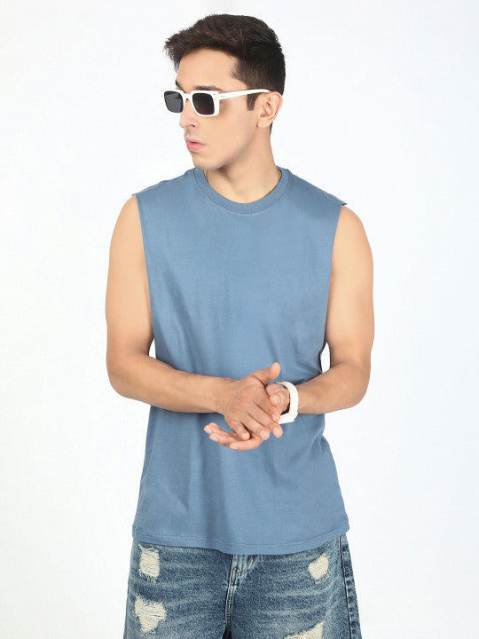 Men Blue Solid Sleeveless T-Shirt