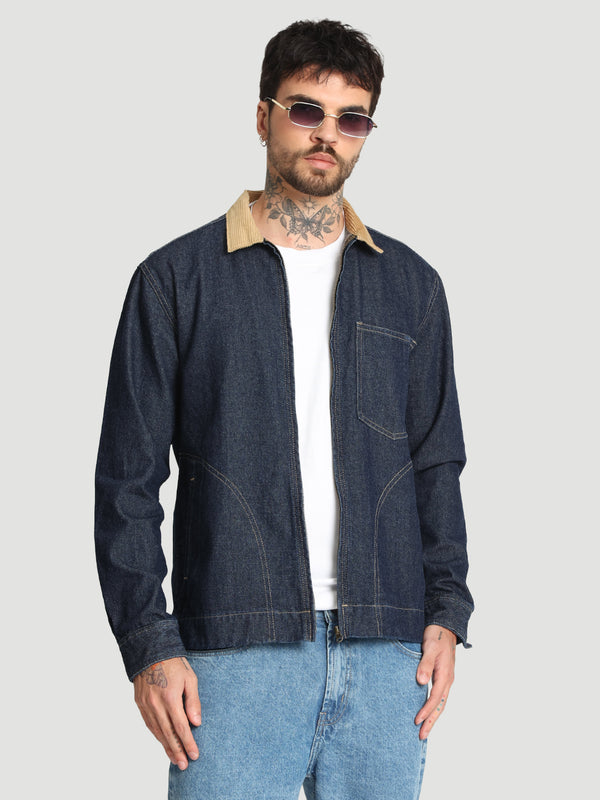 Men Relax fit Navy Cotton Denim jacket with Front zipper