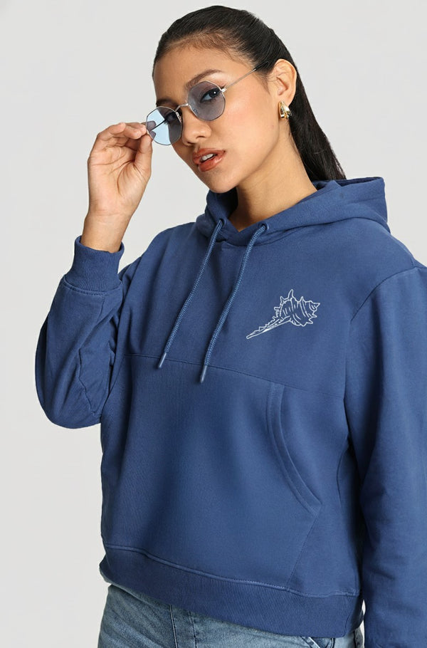 Women Navy Relax Fit Kangroo Pocket Graphic Print Hoodie