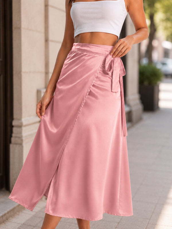 Women Pink Satin Wrap-Around Maxi Skirt