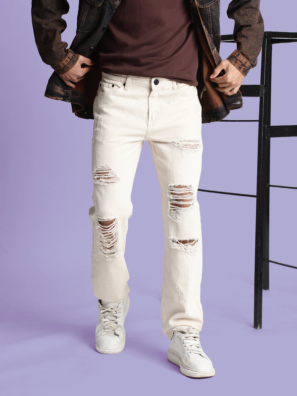 Men Ecru Relax Heavy Distress Jeans