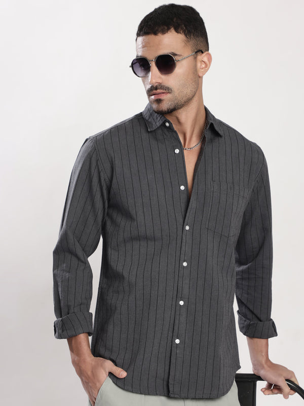 Men Grey Striped Single Pocket Shirt