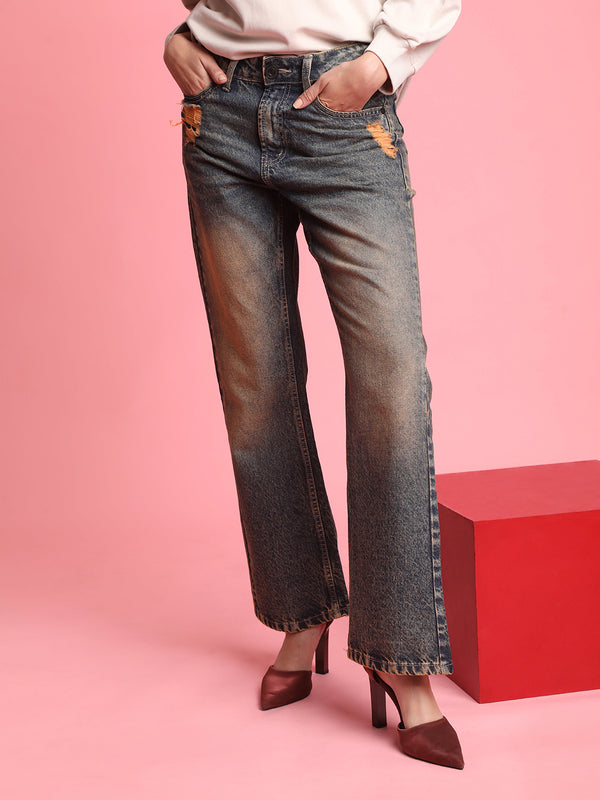 Women Bootcut High-Rise Distressed Tinted Jeans