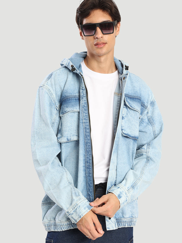 Men hooded washed oversize blue denim jacket