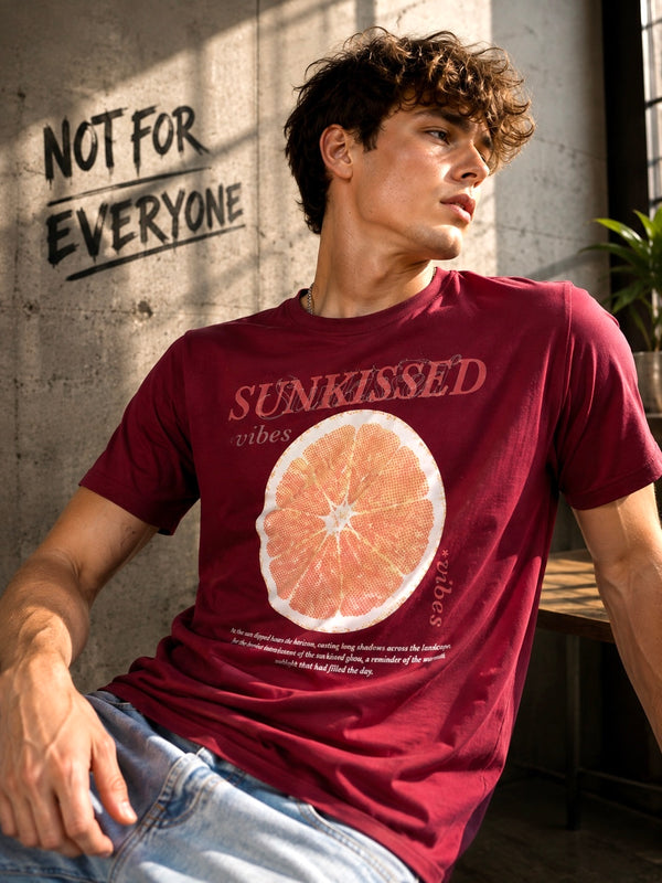 Men Maroon Cotton Lycra Graphic Print T-Shirt