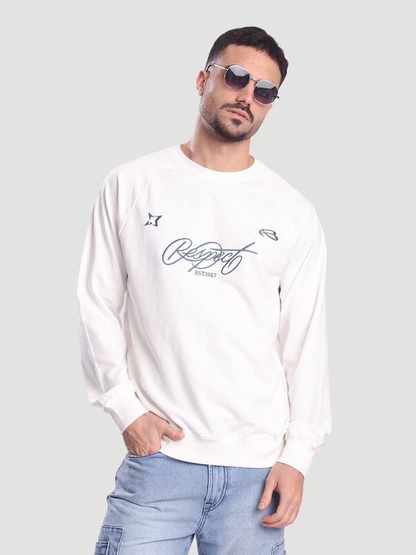 Men Off White Relax Fit Raglan Lightweight Embroidered Sweatshirt