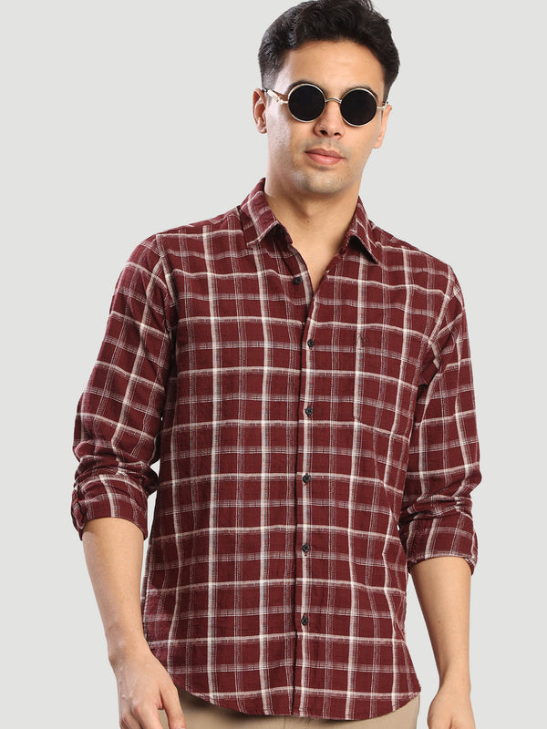 Mens Maroon Checked Brand embroidery Regular fit Casual Shirt