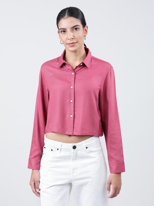 Women Rose Dust Regular Fit Cropped Full Sleeves Solid Casual Shirt