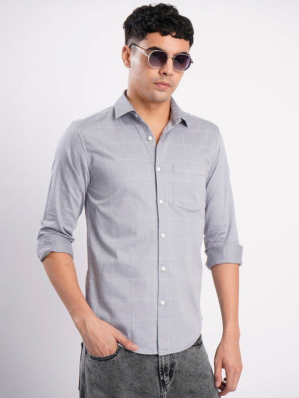Men Grey Checked Single Pocket Shirt