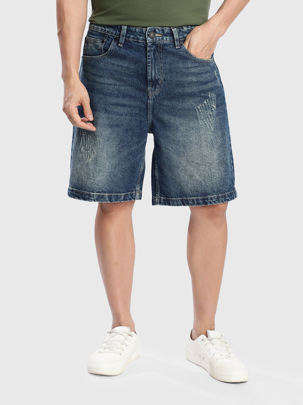 Mens Dark Blue Relaxed Fit Distressed Denim Shorts