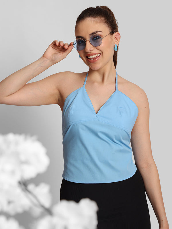 Women Solid Slim Fit Halter Neck Top