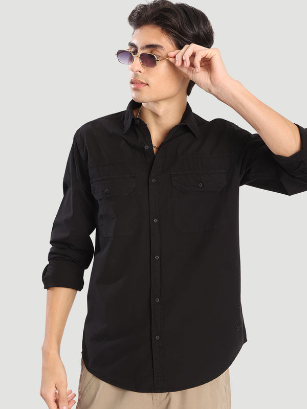 Men Black double pocket regular fit cotton casual shirt