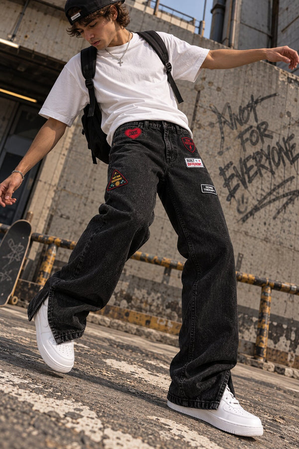 Men Grey Relaxed Fit Badge Side Slit  Jeans