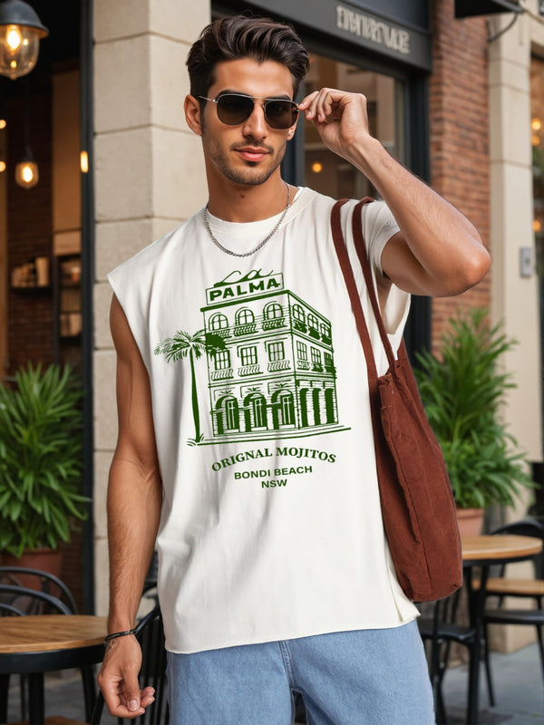 Men Off White Sleeveless Graphic Oversized T Shirt