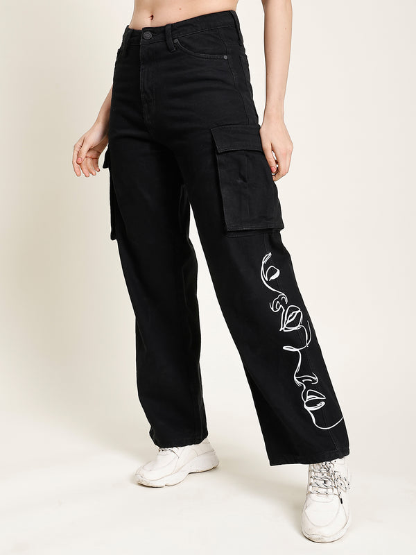 Women Relax Fit Denim Cargo Jeans With Side Seam Print