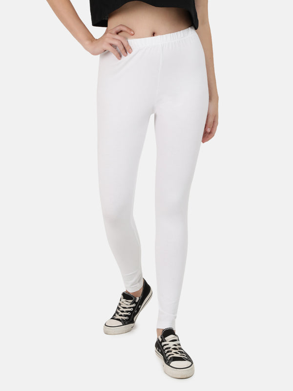 Women White Cotton Solid Leggings