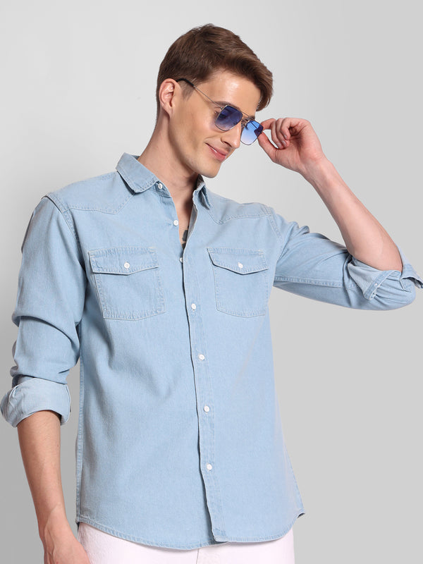 Men Blue Regular Fit Double Pocket Yoke Denim Shirt