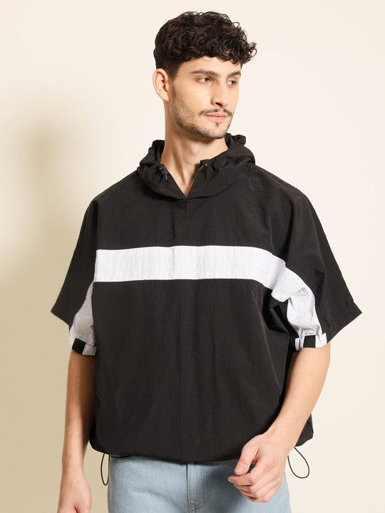 Men Black Half-Sleeve Hooded Stripe Accents Shirt