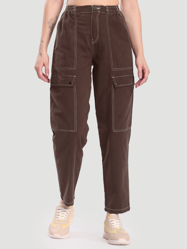 Women Brown Carrot Fit Contrast Stitch Cargo Trousers