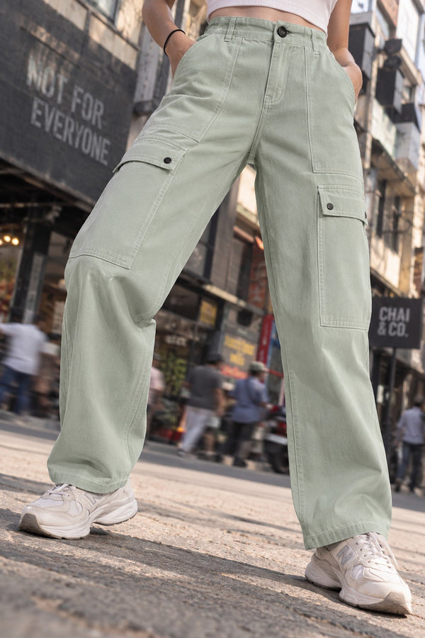 Women Grey Carrot Fit Contrast Stitch Cargo Trousers
