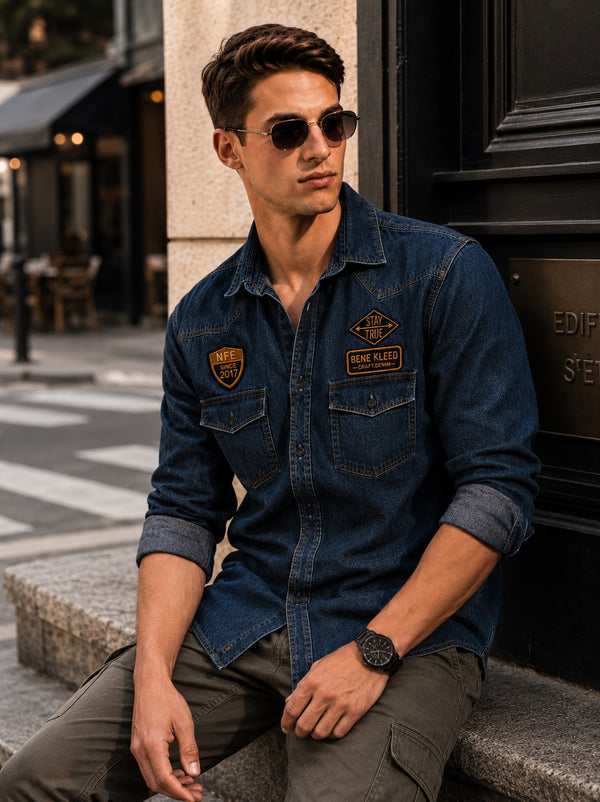 Men Blue Oversize Denim Badge Shirt