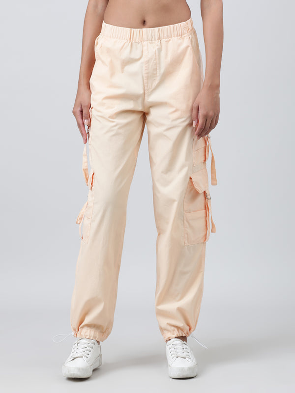 Women Peach Fuzz Parachute Fit Overdyed High Rise Solid Cargo Trousers
