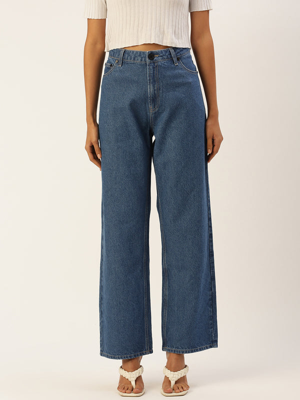 Women Blue Solid Straight Fit High-Rise Denim Jeans