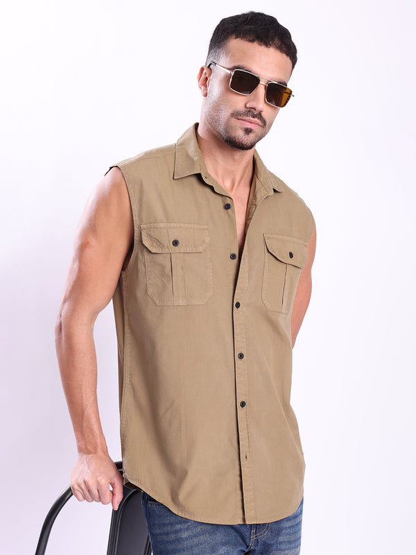 Men Brown Double Pocket Sleeveless shirt