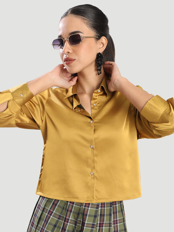 Women Slim Fit Satin Crop Party Shirt