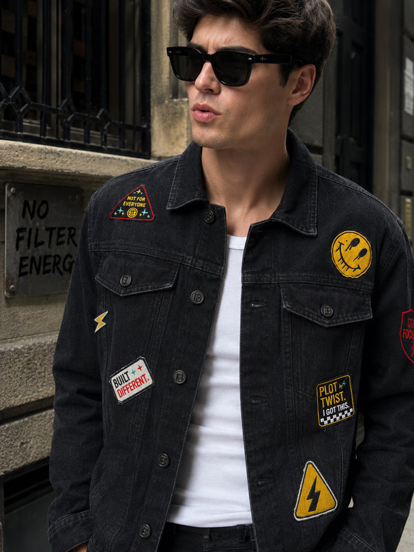 Unisex Relaxed Denim Jacket with Embroidered Badges