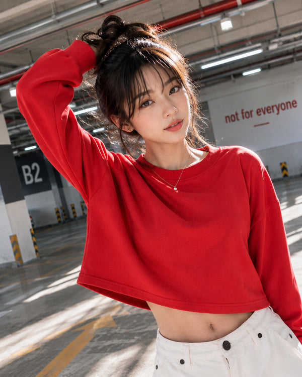 Women Red Solid Cropped Length Oversized Sweatshirt