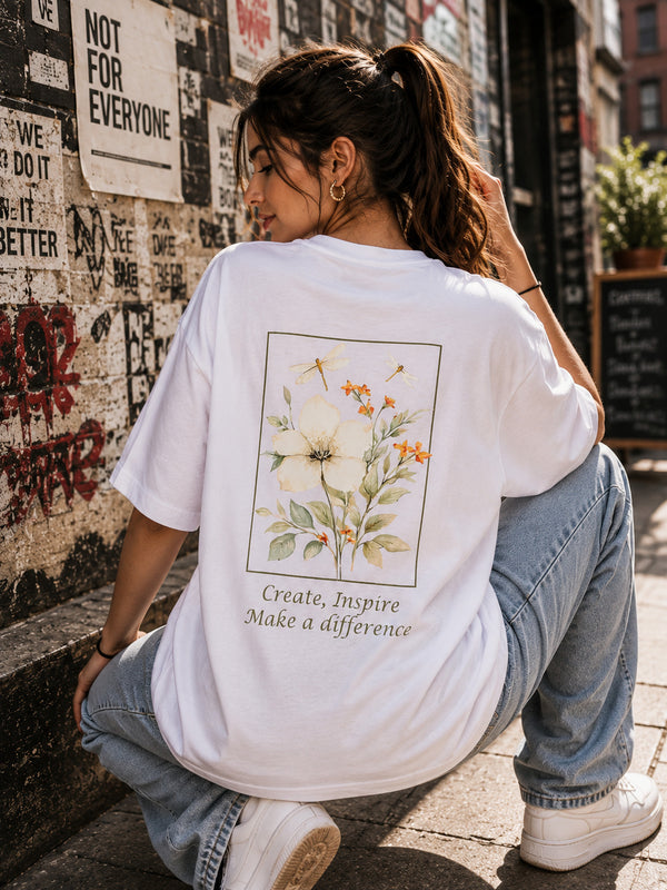 Women White Oversize Floral Graphic Printed T-Shirt