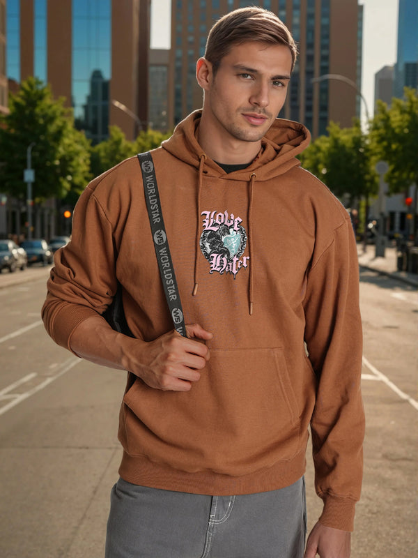 Men Relax fit kangaroo pocket Graphic printed Brown hoodie