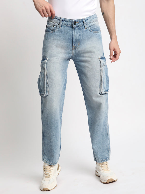 Men Relaxed Light Fade Denim Cargo Jeans