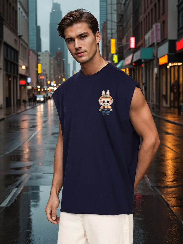 Men Navy Sleeveless Graphic Oversized T Shirt