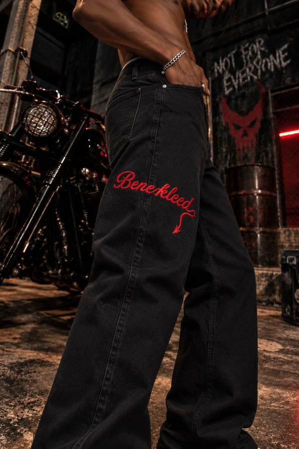 Men Black Relaxed Fit Jeans with Red Embroidered Detail